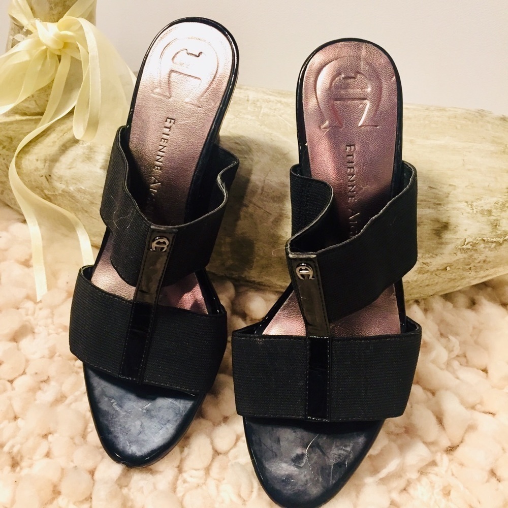 Etienne Aigner | Black Patent Leather Wedge Open Toe Heels 6